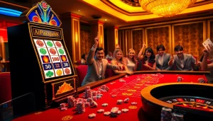 Enjoying a thrilling game at the slot apiraja88 machine in a vibrant casino atmosphere.