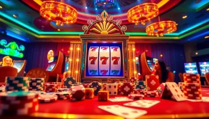 Players enjoying slot apiraja88, enticed by colorful slots and vibrant casino atmosphere.